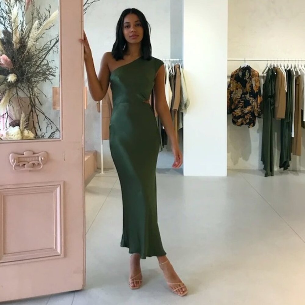 Bec + Bridge DELPHINE Asymmetric Midi Dress (Fern, size US 4)